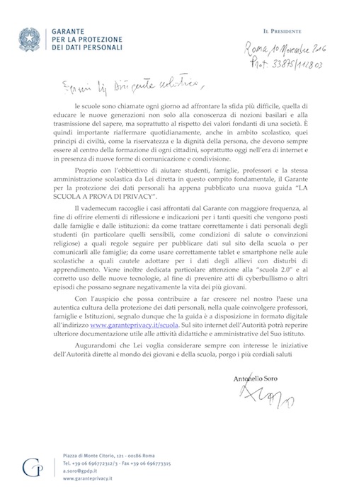 lettera PRESIDENTE SORO a DIRIGENTE SCOLASTICO 10 11 2016